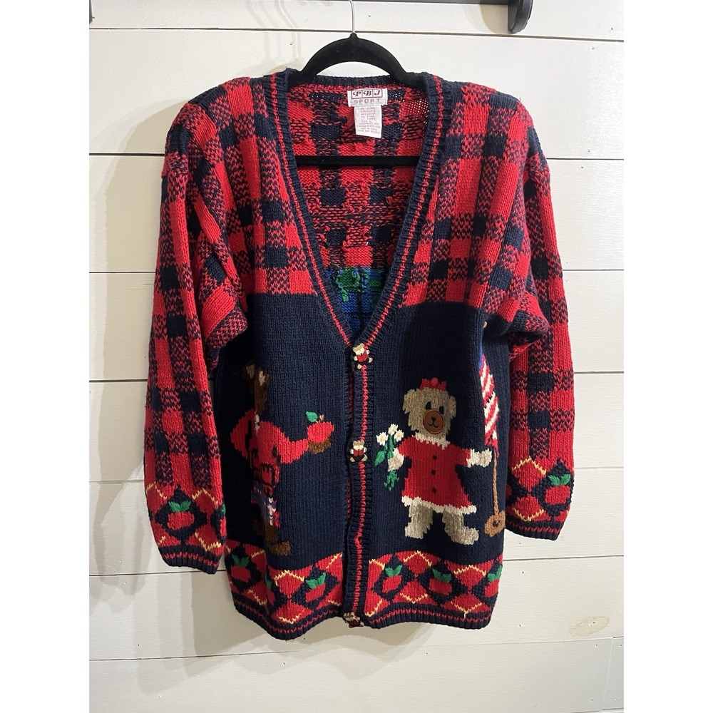 VTG PBJ Sport Sweater School Days Teddy Bears Large Cotton Blend Cardigan Red